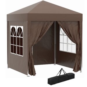 Pop-up-pavillon, øltelt, 4 aftagelige sidevægge, 2 vinduer, metalramme, 2 x 2m, brun